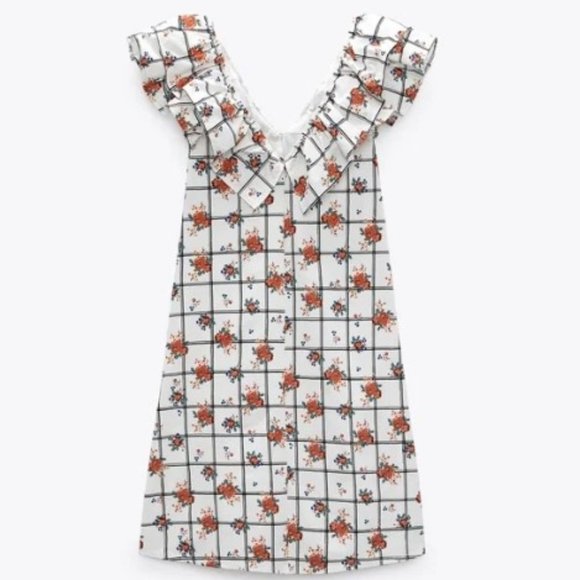 ZARA Floral White FLORAL PANE V-Neck Ruffle Midi Dress - Picture 7 of 8